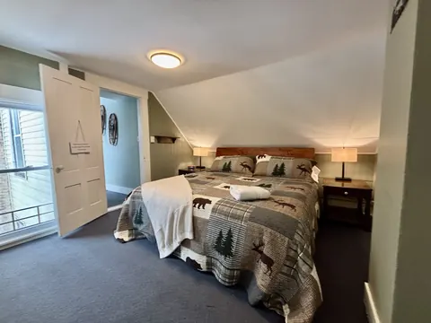 King bedroom with mountain-patterned bedding